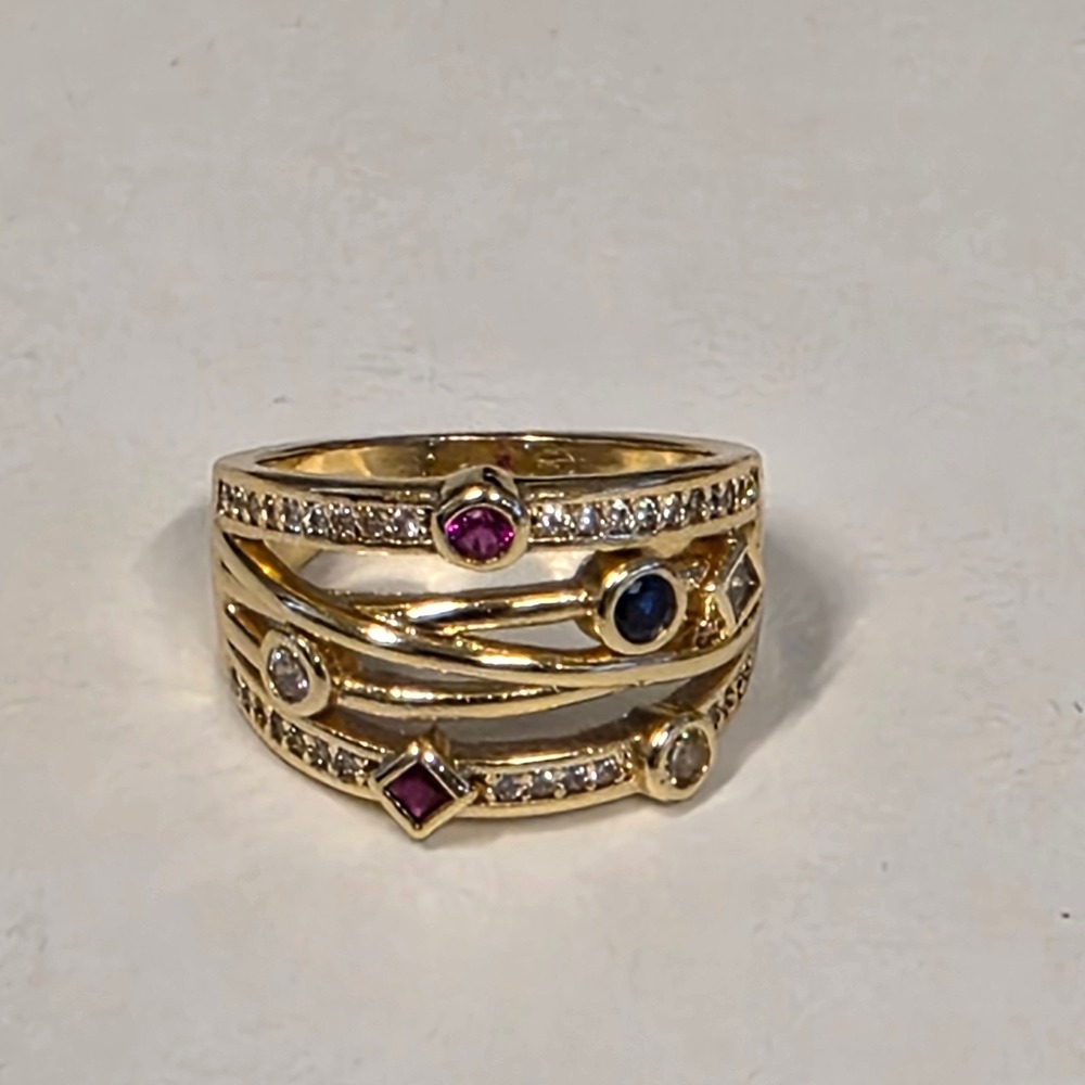 Gold Tone Multi Band Crossover Statement Ring with Colorful Stones Size 5 NEW